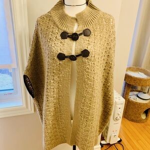 Ladies poncho style vest- beige camel colour with faux leather trim-